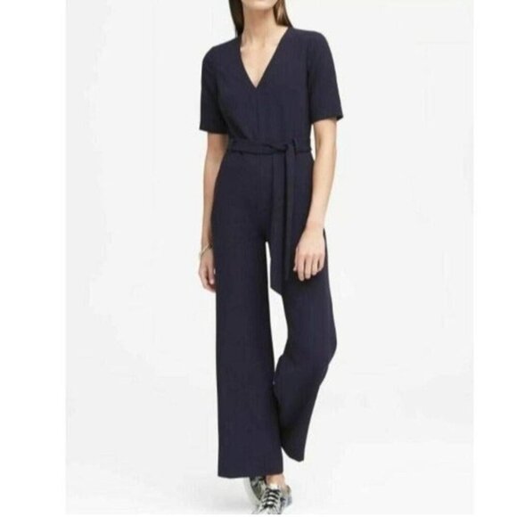 Banana Republic V-neck wide-leg jumpsuit, Size 4, tie belt, short sleeve, navy - Picture 1 of 7